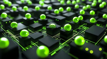 Abstract Digital Landscape with Green Spheres and Circuit Patterns on Black Background for Technology Concept