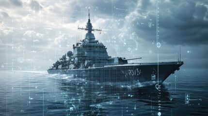 A modern warship at sea with digital overlays, symbolizing advanced naval technology.