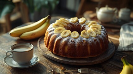 Delicious Banana Cake with Fresh Bananas and Coffee for Food Blogging, Dessert Recipe Illustration