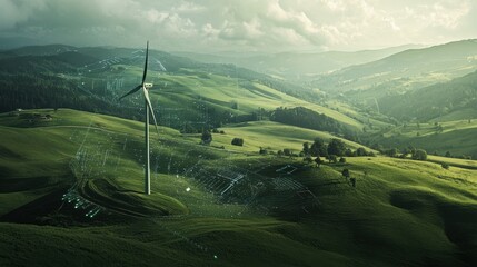 Wind turbine in a green landscape with digital data overlay, illustrating advanced renewable energy technology and smart grid integration