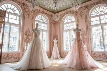 Obraz premium Elegant Pale Pink Wedding Gowns in a Luxurious European-Style Room with Roses, Chandeliers, and Romantic Soft Lighting.