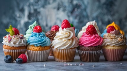 Delicious assortment of colorful sweet cupcakes with
