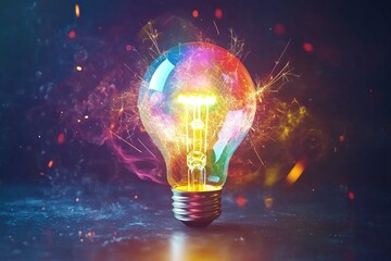 Creative light bulb with a colorful explosion of energy and sparks on a dark background, a concept for innovation or creative thinking. Copy space available. High quality image