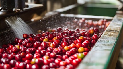 Machine processes coffee cherries in a water flow for removing outer layers during harvesting at a coffee processing facility