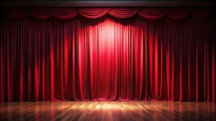 Illuminated Crimson Stage Drapery and Polished Wooden Floor A Dramatic Backdrop for Presentations and Performances