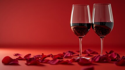 A romantic Valentine's Day still life with a pair of wine glasses painted in bright red acrylics, complemented by rose petals, perfect for a celebratory toast
