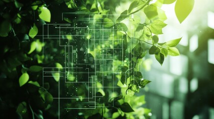 Futuristic digital network overlaying green foliage