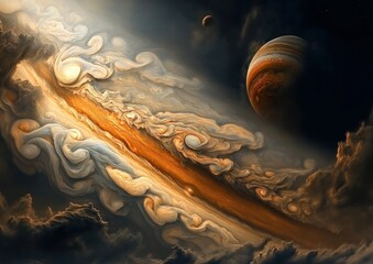 Jupiter with its swirled, patterned clouds and outlined Galilean moons