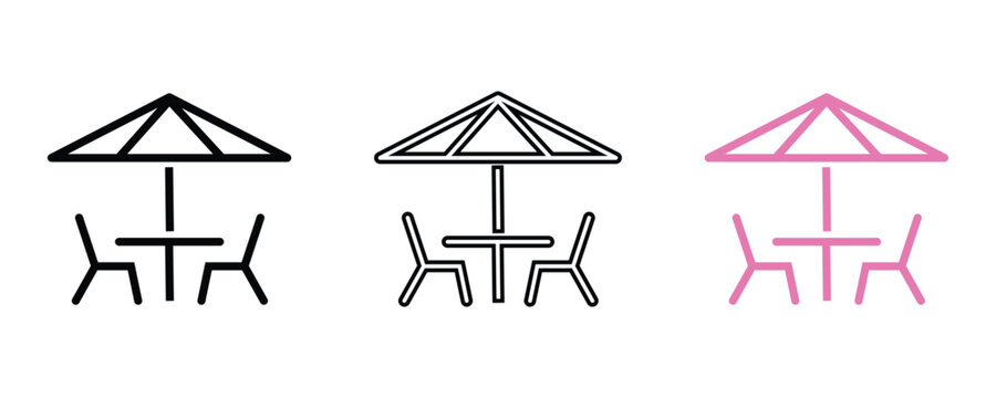 Table and chair under umbrella icon, table and chairs under sun umbrella icons vector set isolated on white background.