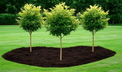 Three Ornamental Trees with Green Foliage Surrounded by Fresh Brown Mulch in a Lush Green Lawn