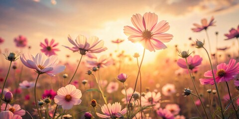 Golden hour illuminates a breathtaking field of delicate cosmos flowers, their pastel hues glowing in the soft light