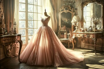 Elegant Haute Couture Evening Gown on Mannequin in Luxurious Tailor Room with Antique Furniture and Warm Lighting