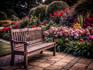 Obraz premium Tranquil Garden Bench Amidst Vibrant Blooms
