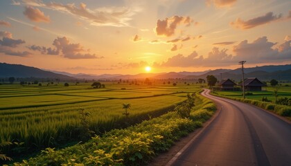 Obraz premium Sunset over lush rice fields rural landscape nature photography peaceful environment wide-angle view serenity concept