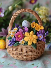 A beautifully crafted basket filled with colorful, crocheted flowers and a decorative egg, showcasing artistry and springtime charm.