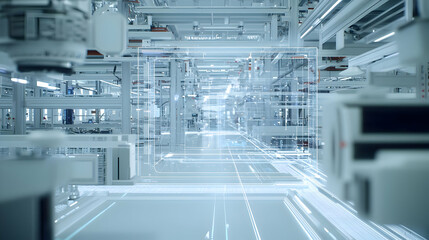 Fototapeta premium Interior View of a Modern Automated Factory with Bright White and Blue Tones