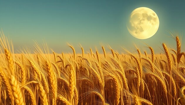 Harvest moon over golden wheat field rural landscape nature photography evening serenity wide angle view
