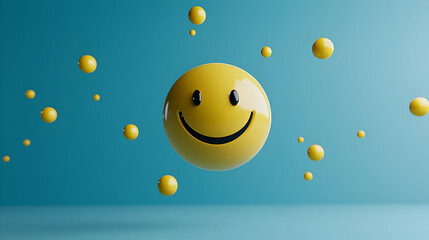 Fototapeta premium Floating Yellow Smiley Face with Smaller Spheres on Turquoise Backdrop