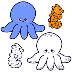 Coloring page of marine life. Hand drawn sea animals. Cartoon isolated vector illustration