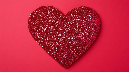 Obraz premium Sparkling Red Heart Shape Glitter Decoration on Vibrant Red Background for Romantic Celebrations