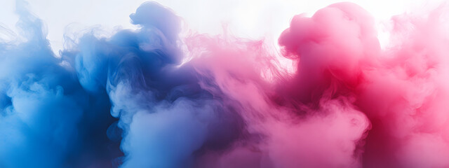 Fototapeta premium Colorful smoke clouds, pink and blue colors, white background 