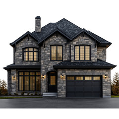A gray stone house with black windows and a garage door isolated on a transparent background PNG