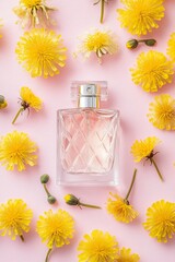 Cute crystal perfume bottle with yellow dandelion flowers on a light pink background, flat lay, top view, copy space concept, minimalist style, commercial photography, high resolution, high detail,