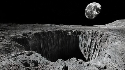 Massive lunar crater with dual canyons, showcasing asteroid impact's geological transformation.