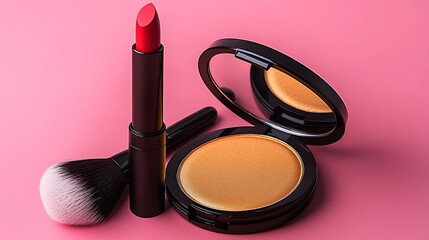 Makeup, lipstick, compact, pink background