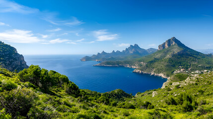 Fototapeta premium Coastal Panorama Of Rocky Mountains Meeting Azure Sea Under Clear Blue Sky During Summer Daylight