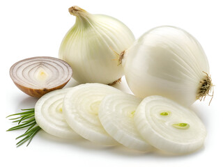 Fresh white onion slices and whole onions, isolated on a clean white background, highlighting their crisp texture and natural shine.
