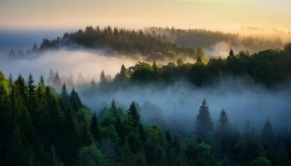 A mystical fog rolling over a dense, enchanted forest at dawn.