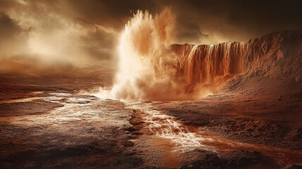 Fototapeta premium Massive geysers erupt on Mars, red dust swirls, avalanches cascade, vibrant spring colors contrast barren terrain.