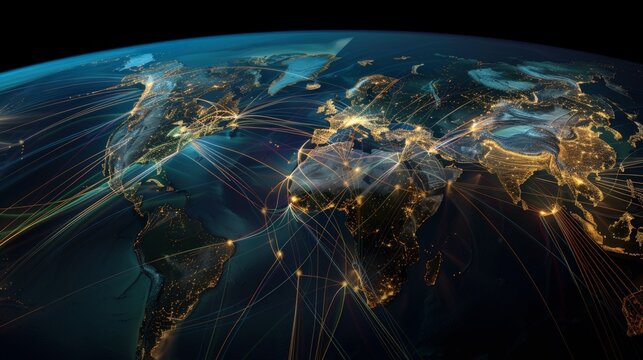 Earth with a representation of global trade routes and economic zones with
