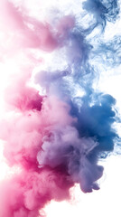 Fototapeta premium Colorful smoke clouds, pink and blue colors, white background 