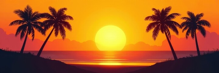 Bright yellow summer sunset with dark coconut palm silhouettes Vector background image , warm, holiday