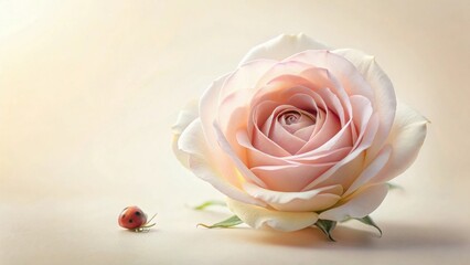 A delicate blush rose and a tiny ladybug rest peacefully together on a soft, neutral backdrop, a tranquil scene evoking feelings of serenity and gentle beauty.