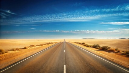 Naklejka premium Endless Asphalt Ribbon Through Sun-Drenched Desert Landscape Under a Vast Azure Sky