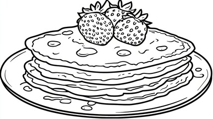 Pancakes topped with strawberries and a drizzle of honey; a breakfast illustration