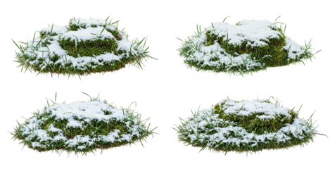 Set of floating grass patches with fresh snow on top transparant background.