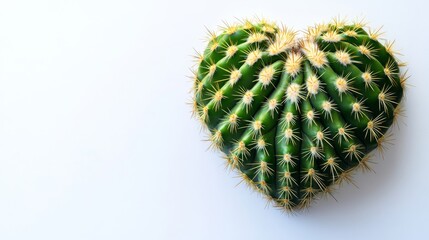 Obraz premium A heart-shaped cactus with sharp spikes, shown in intricate detail against a spotless white background, illustrating the resilience of love and the duality of emotions