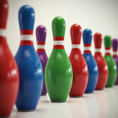 colorful bowling pins isolated on white background. A row of colorful bowling pins are lined up on a white background.