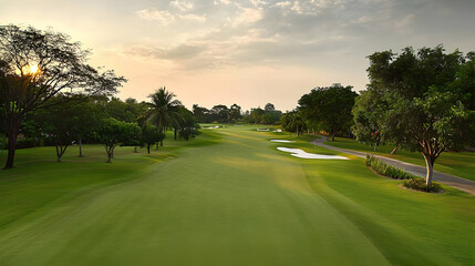 Green Golf Course With Trees And Sunset In The Background