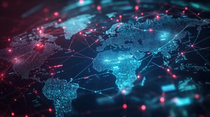 abstract visualization of global network connections glowing lines link floating data nodes across world map futuristic representation of international business and digital communication
