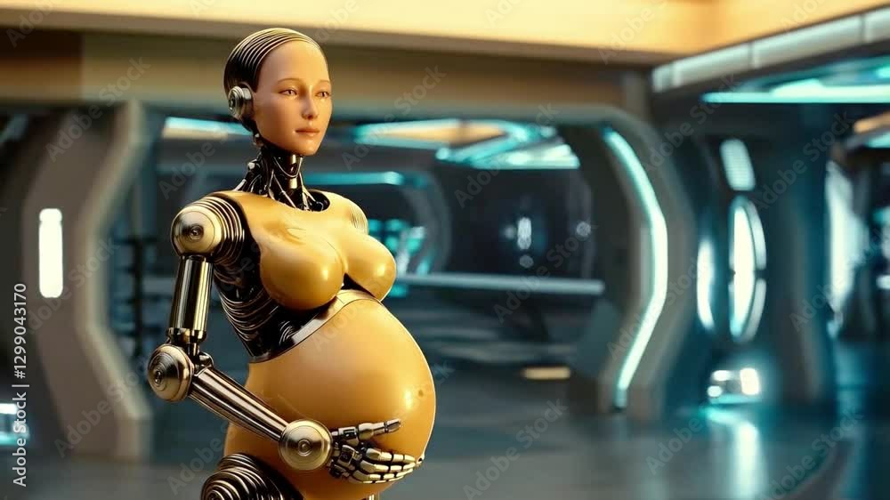 Poster in a futuristic setting, a robotic surrogate displays her pregnant form, showcasing significant adva