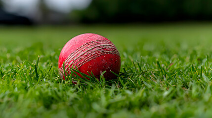 Close Up Of A Red Cricket Ball Resting On Lush Green Grass Outdoors In Bright Daylight