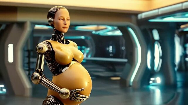 In a futuristic setting, a robotic surrogate displays her pregnant form, showcasing significant advancements in bioengineering and synthetic life processes.