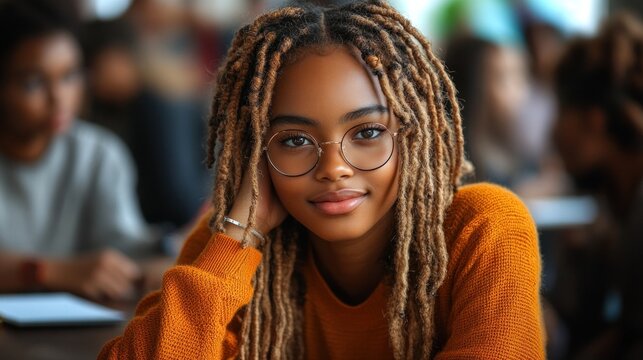 Young woman with locs in classroom.