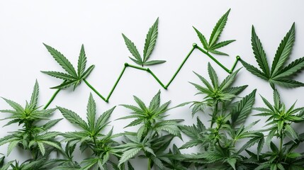 Fototapeta premium A clean, upward-trending line formed by a neatly arranged cannabis plant on a pure white background, symbolizing market or financial growth