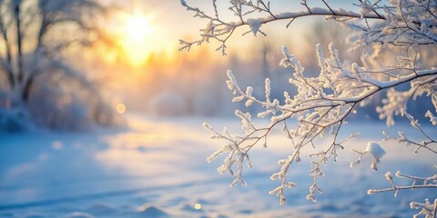 Obraz premium Serene winter sunrise scene featuring frost-covered branches and a soft, blurred background of a snow-covered landscape bathed in the golden light of dawn.